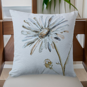 Watercolor Daisy Boho Floral Throw Pillow