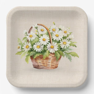 Watercolor Daisy Bouquet In Basket Paper Plates