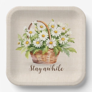 Watercolor Daisy Bouquet In Basket Paper Plates