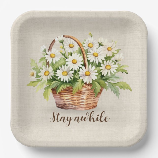 Watercolor Daisy Bouquet In Basket Paper Plates (Front)