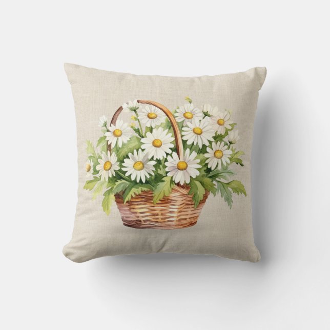 Watercolor Daisy Bouquet In Basket Throw Pillow (Front)