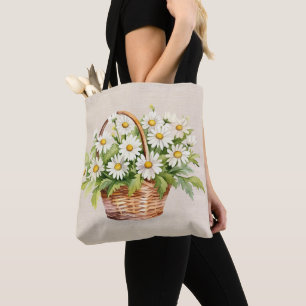 Watercolor Daisy Bouquet In Basket Tote Bag