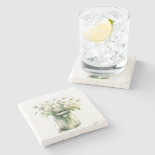 Watercolor Daisy Bouquet In Mason Jar Stone Coaster