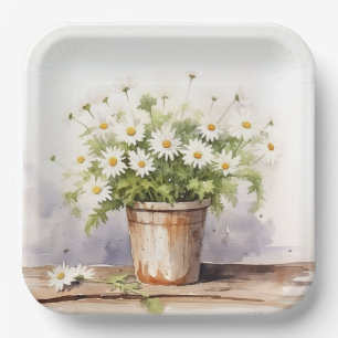 Watercolor Daisy Bouquet In Pot Paper Plates