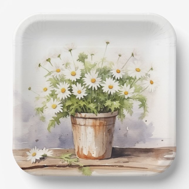 Watercolor Daisy Bouquet In Pot Paper Plates (Front)