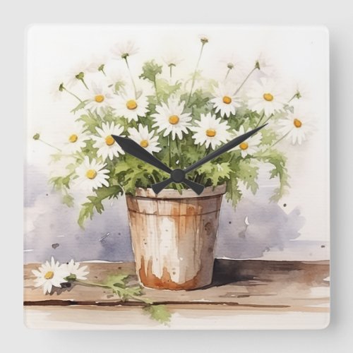Watercolor Daisy Bouquet In Pot Square Wall Clock