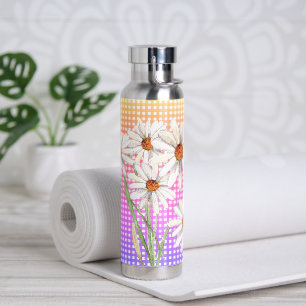 Watercolor Daisy Bouquet On Gingham Water Bottle