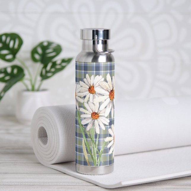 Watercolor Daisy Bouquet On Plaid Water Bottle (Yoga)