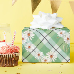 Watercolor Daisy Bunch On Green Plaid Wrapping Paper