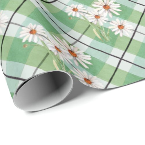 Watercolor Daisy Bunch On Green Plaid Wrapping Paper