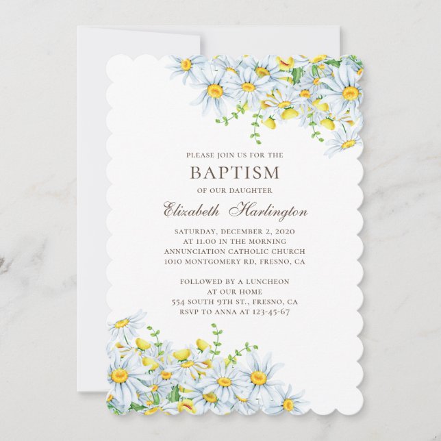 Watercolor daisy. Country flowers. Floral baptism Invitation (Front)