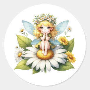 Watercolor Daisy Fairy Classic Round Sticker
