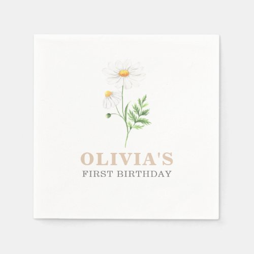 Watercolor Daisy First Birthday Napkins