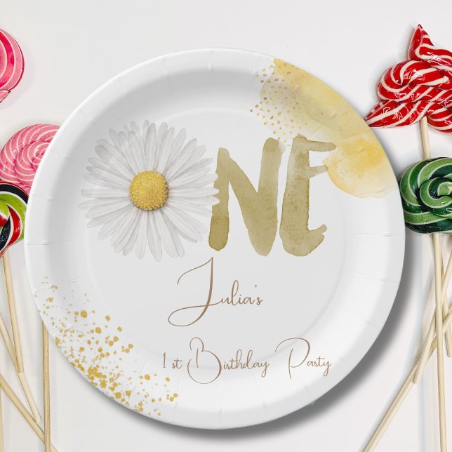 Watercolor daisy first floral Birthday Paper Plates (Creator Uploaded)