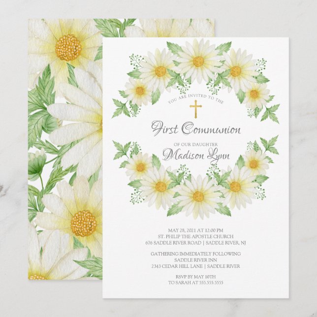 Watercolor Daisy Floral Communion Invitation (Front/Back)