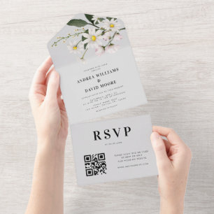 Watercolor Daisy Floral Delicate QR Code Wedding All In One Invitation