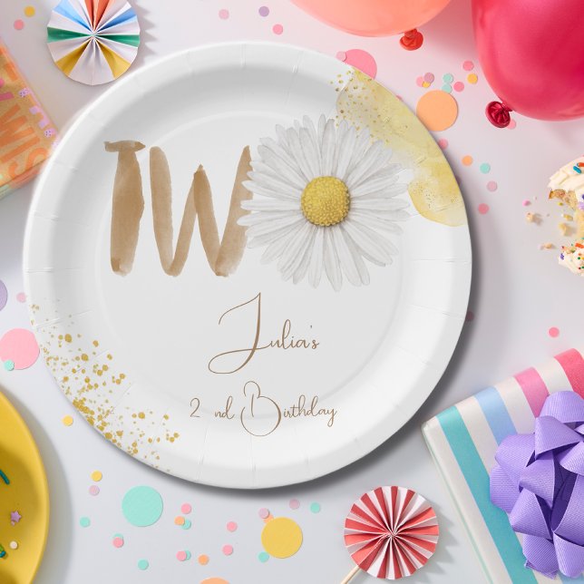 Watercolor daisy floral second Birthday Paper Plates (Creator Uploaded)