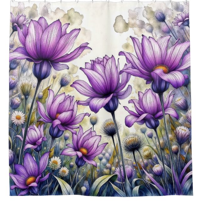 Watercolor Daisy Flower Design Shower Curtain (Front)