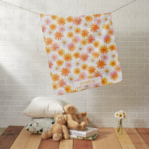 Watercolor Daisy Flowers Floral Pattern with Name Baby Blanket