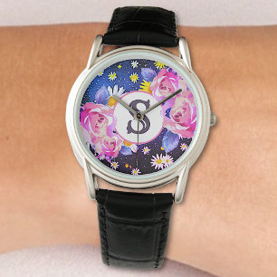 Watercolor Daisy Flowers Pink Roses Monogram Cute Watch