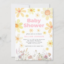 Watercolor Daisy Girl Pink Baby Shower Invitation