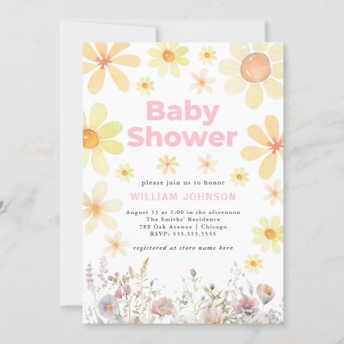 Watercolor Daisy Girl Pink Baby Shower Invitation