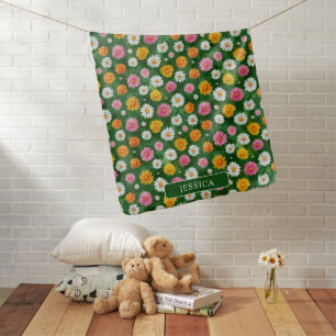Watercolor Daisy Pattern on Emerald Green Name Baby Blanket