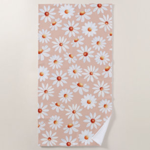 Watercolor Daisy Pattern Pink Blush Background Beach Towel