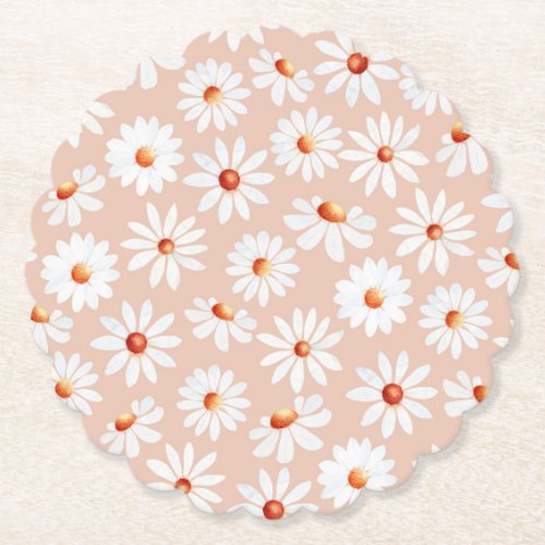 Watercolor Daisy Pattern Pink Blush Background  Paper Coaster