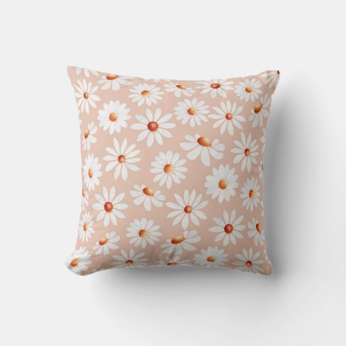 Watercolor Daisy Pattern Pink Blush Background  Throw Pillow
