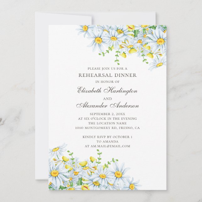 Watercolor daisy rehearsal dinner. Chamomile Invitation (Front)