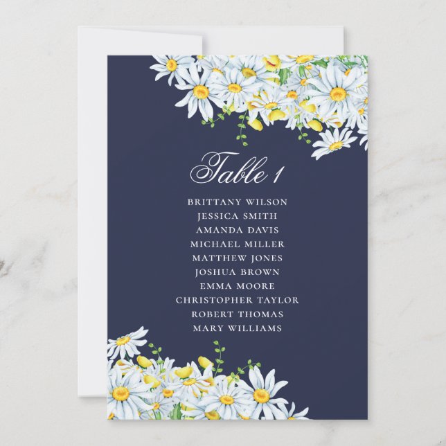 Watercolor daisy seating chart. Navy blue wedding Invitation (Front)