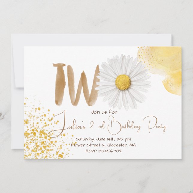 Watercolor daisy second Birthday Invitation (Front)