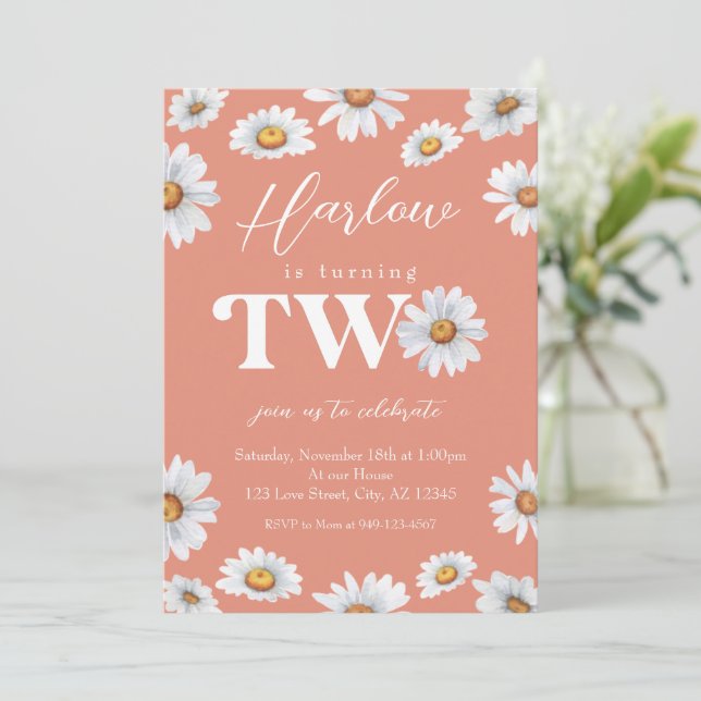 Watercolor Daisy Two Girl's 2nd Birthday Invitatio Invitation (Standing Front)