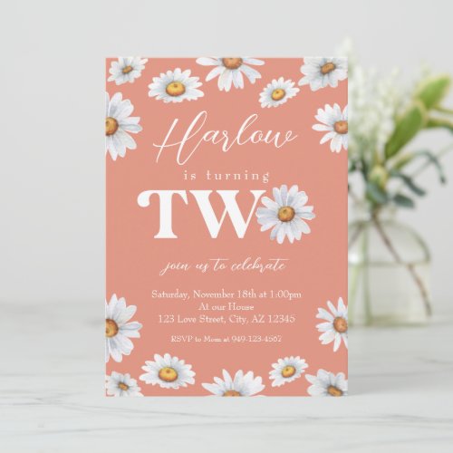 Watercolor Daisy Two Girls 2nd Birthday Invitatio Invitation