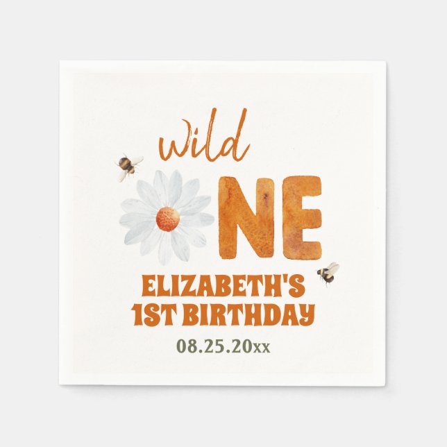 Watercolor Daisy Wild One 1st Birthday Girl Napkins (Front)