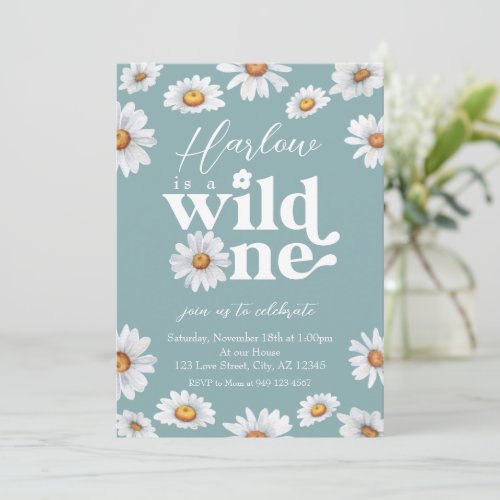 Watercolor Daisy Wild One Girls first Birthday  Invitation