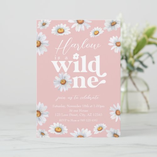 Watercolor Daisy Wild One Girls first Birthday   Invitation