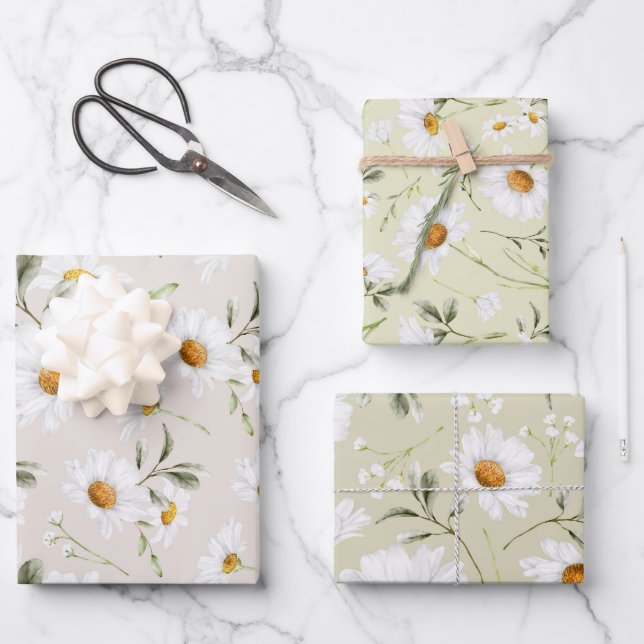 Watercolor Daisy Wildflower Floral Wrapping Paper Sheets (Front)