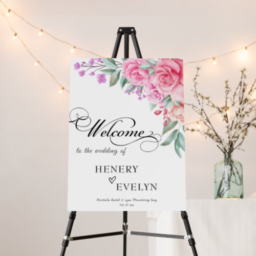 Watercolor damascena  Flowers Wedding Welcome Sign