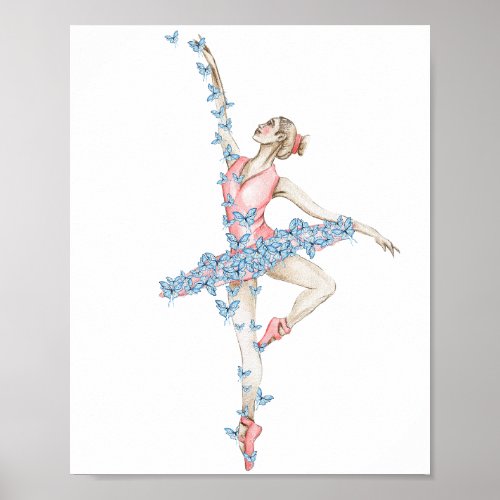 Watercolor dancing ballerina in red dress poster