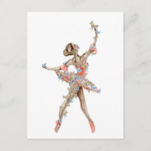 Watercolor dancing ballerina with butterfly  postcard