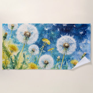 Watercolor Dandelion Dreams Geometric Floral Beach Towel