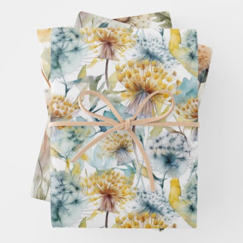 WATERCOLOR DANDELIONS AUTUMN FLORAL GIFT WRAPPING PAPER SHEETS
