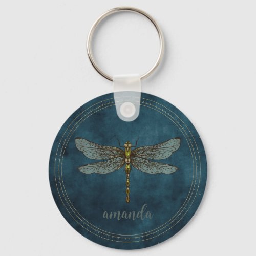 Watercolor Dark Blue Celestial Whimsical Dragonfly Keychain