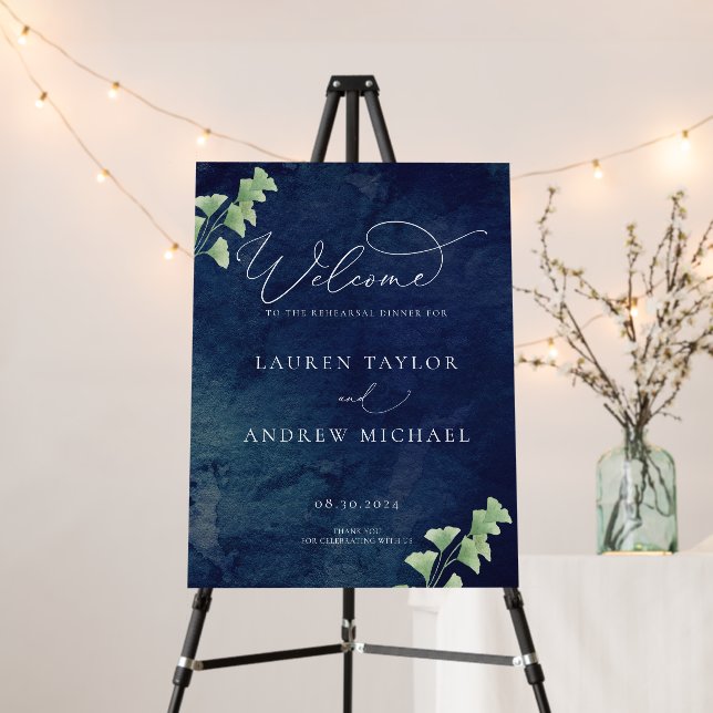 Watercolor Dark Blue Greenery Rehearsal Dinner Pos Foam Board (In Situ (Stand))