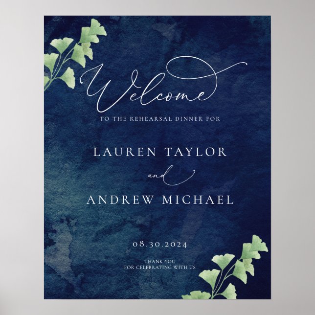 Watercolor Dark Blue Greenery Rehearsal Dinner Poster (Front)