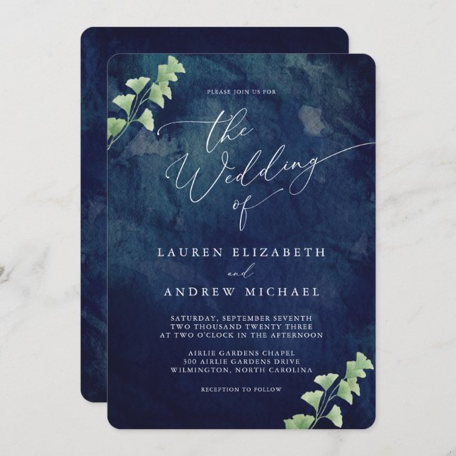 Watercolor Dark Blue Greenery Wedding Invitation (Front/Back)