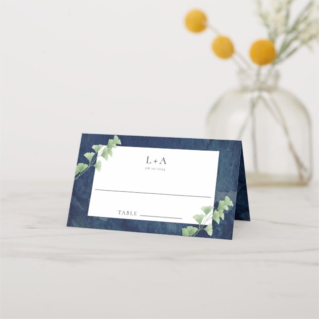Watercolor Dark Blue Greenery Wedding Place Card (Front)