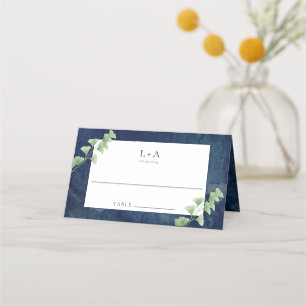 Watercolor Dark Blue Greenery Wedding Place Card